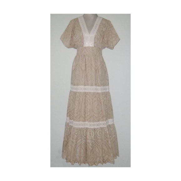 NWT Elie Tahari LACE Trim EYELET Women's Maxi Dress COTTON Size 8 Beige MRP $495 - Picture 1 of 6